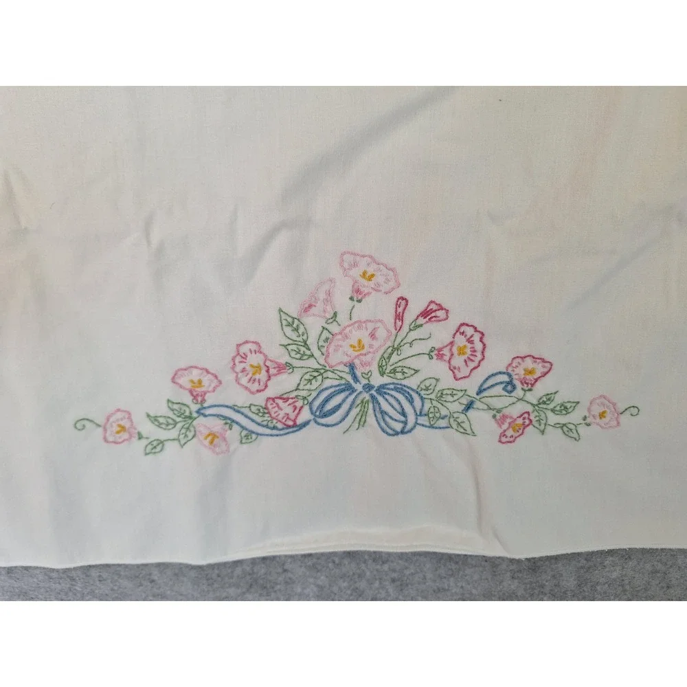 Vintage Hand Embroidered Floral Pillowcase Pink Morning Glory Blue Bow White